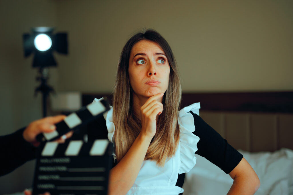 Woman makes funny face with director's clip prop in front