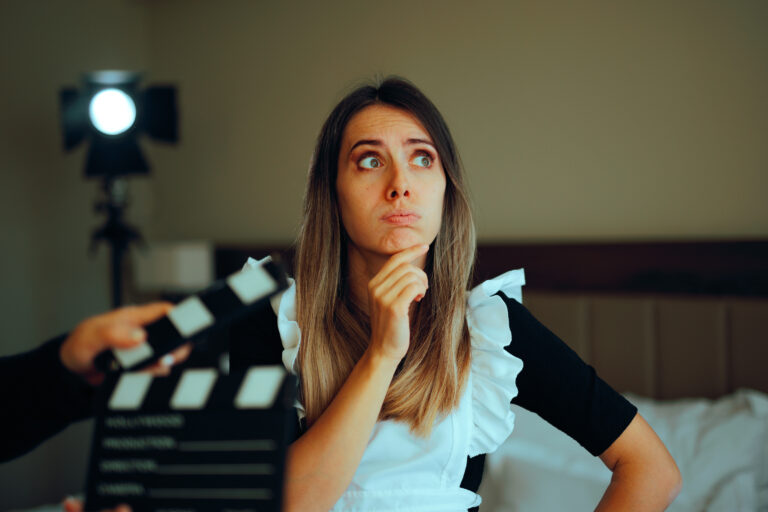 Woman makes funny face with director's clip prop in front